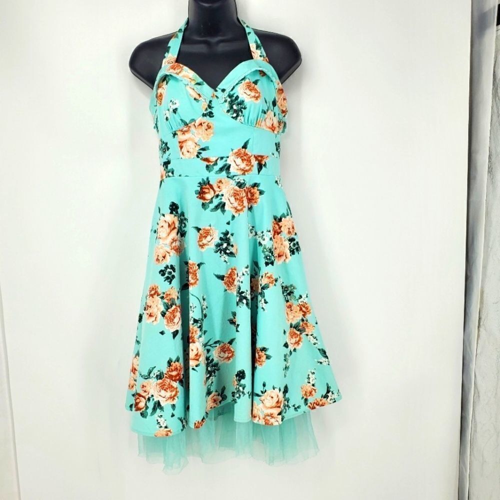 Hot Topic Pin Up Dress Mint Green with Peach Floral Halter and Back Zipper Med